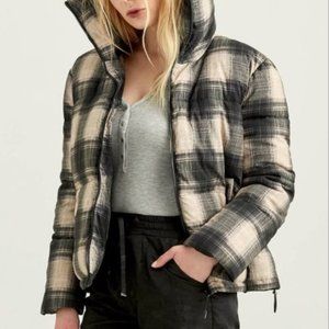 Boundless North Perfect Plaid Puffer Jacket Black Tan S NWT